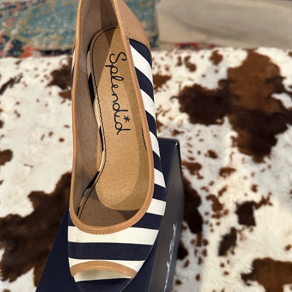 Splendid Navy and White Striped Peep-Toe Wedges with Tan Trim - Picture 4 of 7